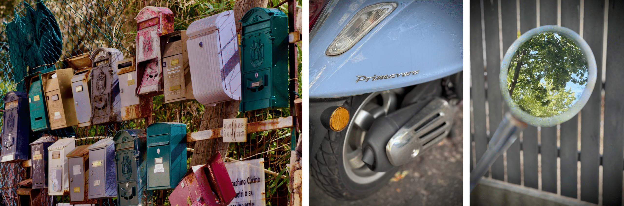 trzy zdjęcia - stare skrzynki pocztowe, element błękitnego skutera Vespa i lusterko skutera, w którym odbija się niebo